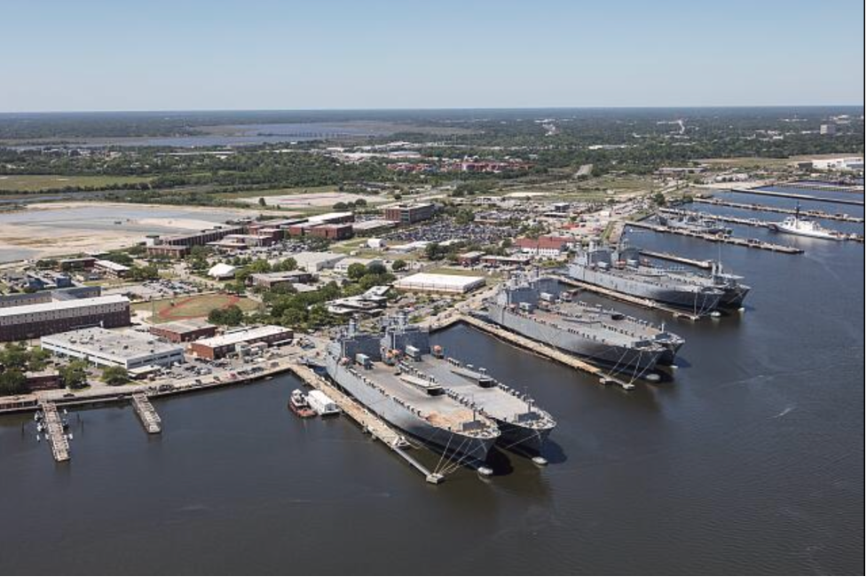 Aerial view of the base, circa 2016, with Navy ship repairs at Detyens Shipyard. Library of Congress.